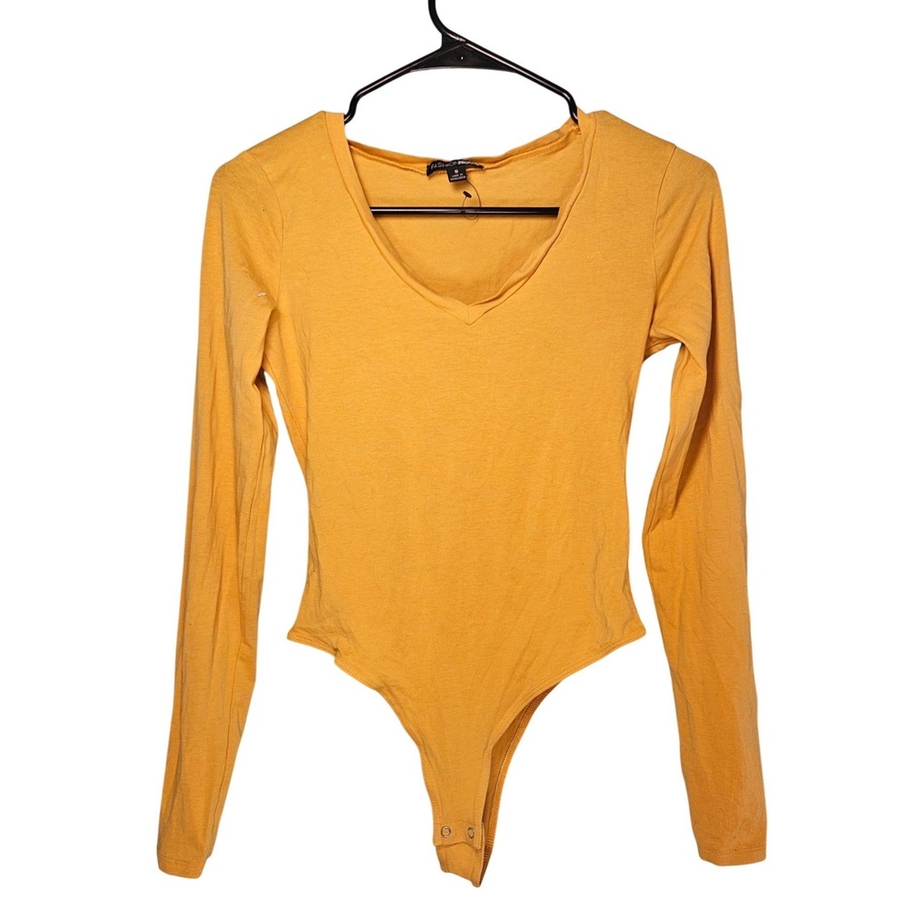 Fashion‎ Nova Womens Mustard Yellow V-Neck Long Sleeve Bodysuit Small Bodycon